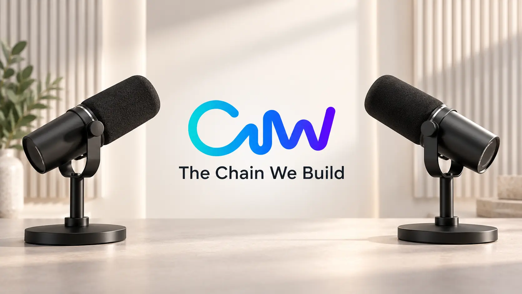 Dois microfones de podcast com o logo do The Chain We Build ao centro